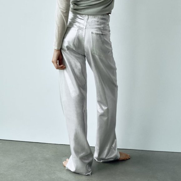 NWT ZARA METALLIC HIGH RISE JEANS WHITE - Picture 6 of 8
